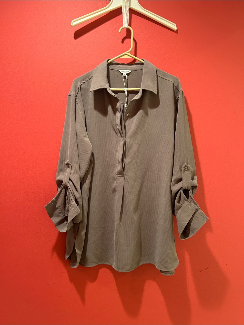 Max Studio Taupe Collared Roll-Sleeve Tunic